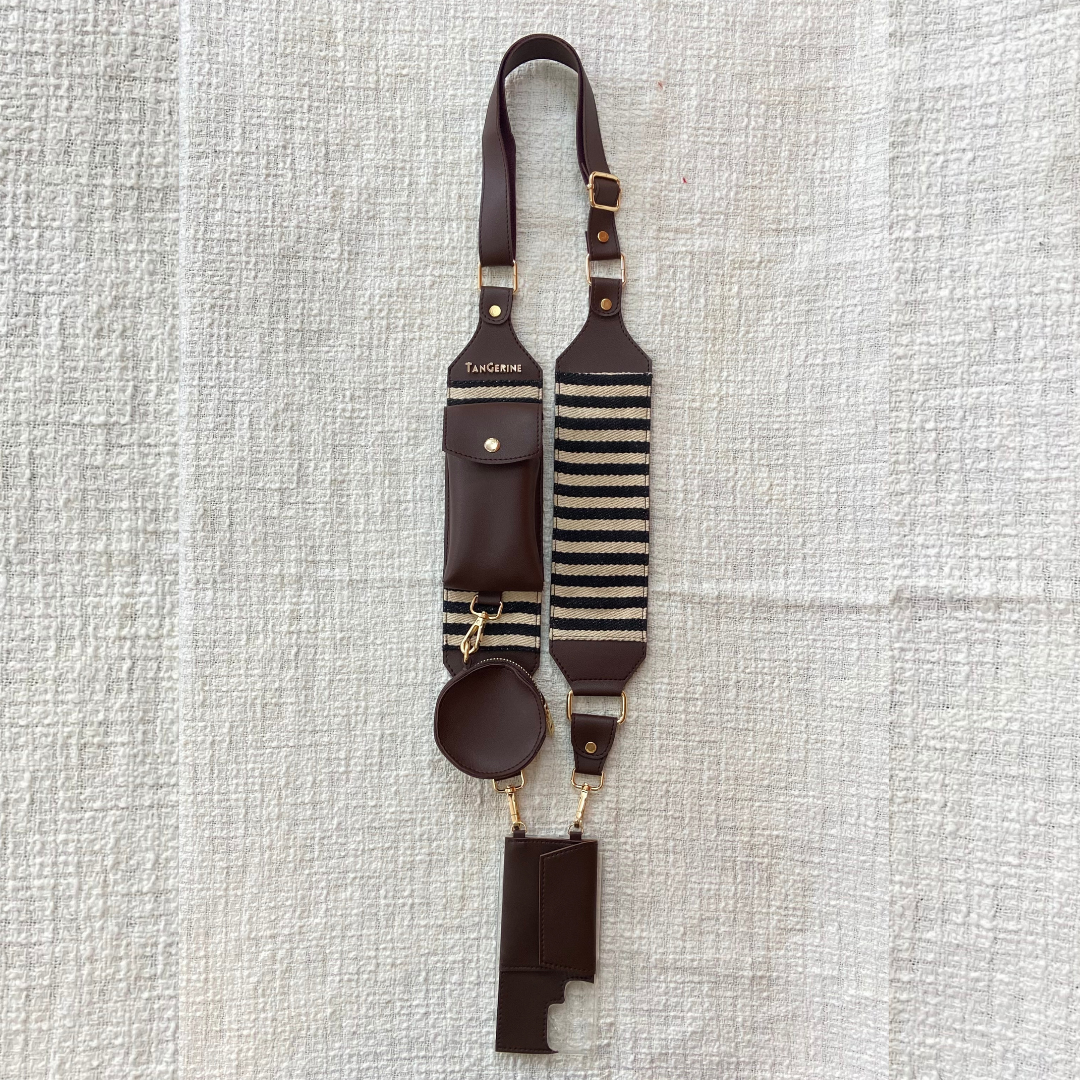Brown with Black & White Stripes Pochette Belt with Phone Case