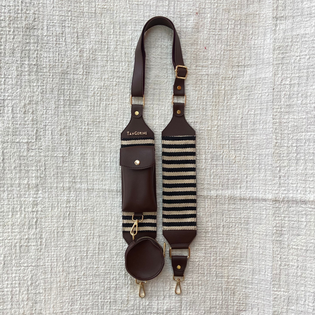 Brown with Black & White Stripes Pochette Belt with Phone Case