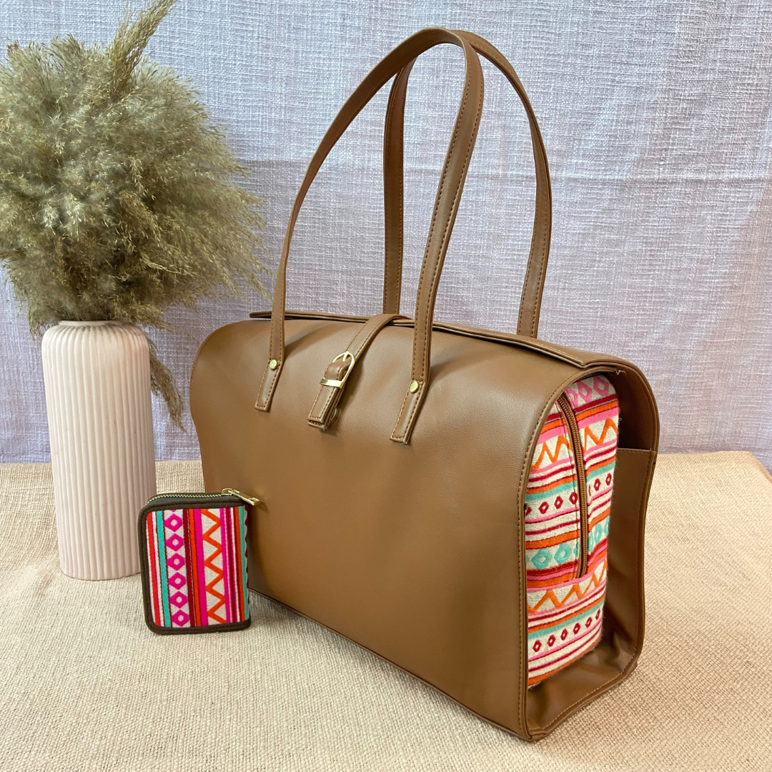 Brown with Boho Design Leera 16inch Bag + Mini Wallet Combo