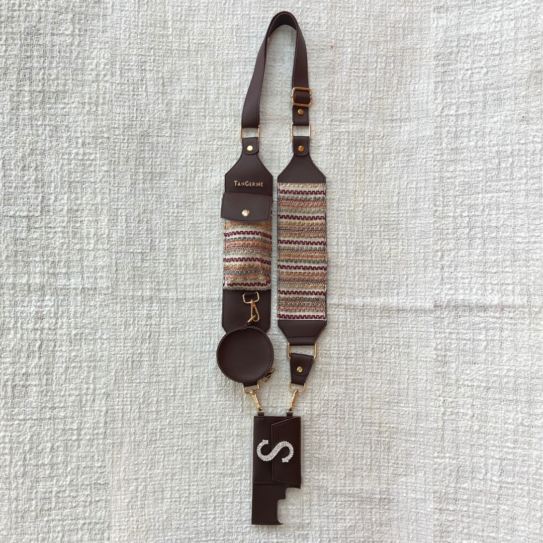 Brown with Brown Tribal Cloth on Pocket Pochette Belt with Phone Case