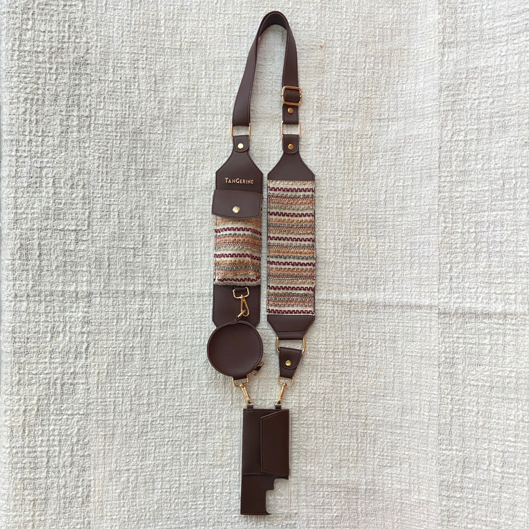 Brown with Brown Tribal Cloth on Pocket Pochette Belt with Phone Case