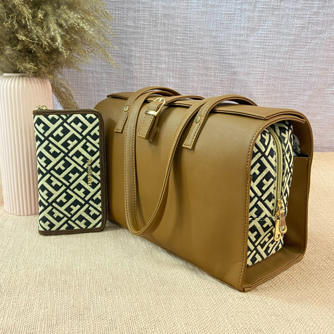 Brown with T-Shape Leera 14inch Bag + Mini + Big Wallet Combo