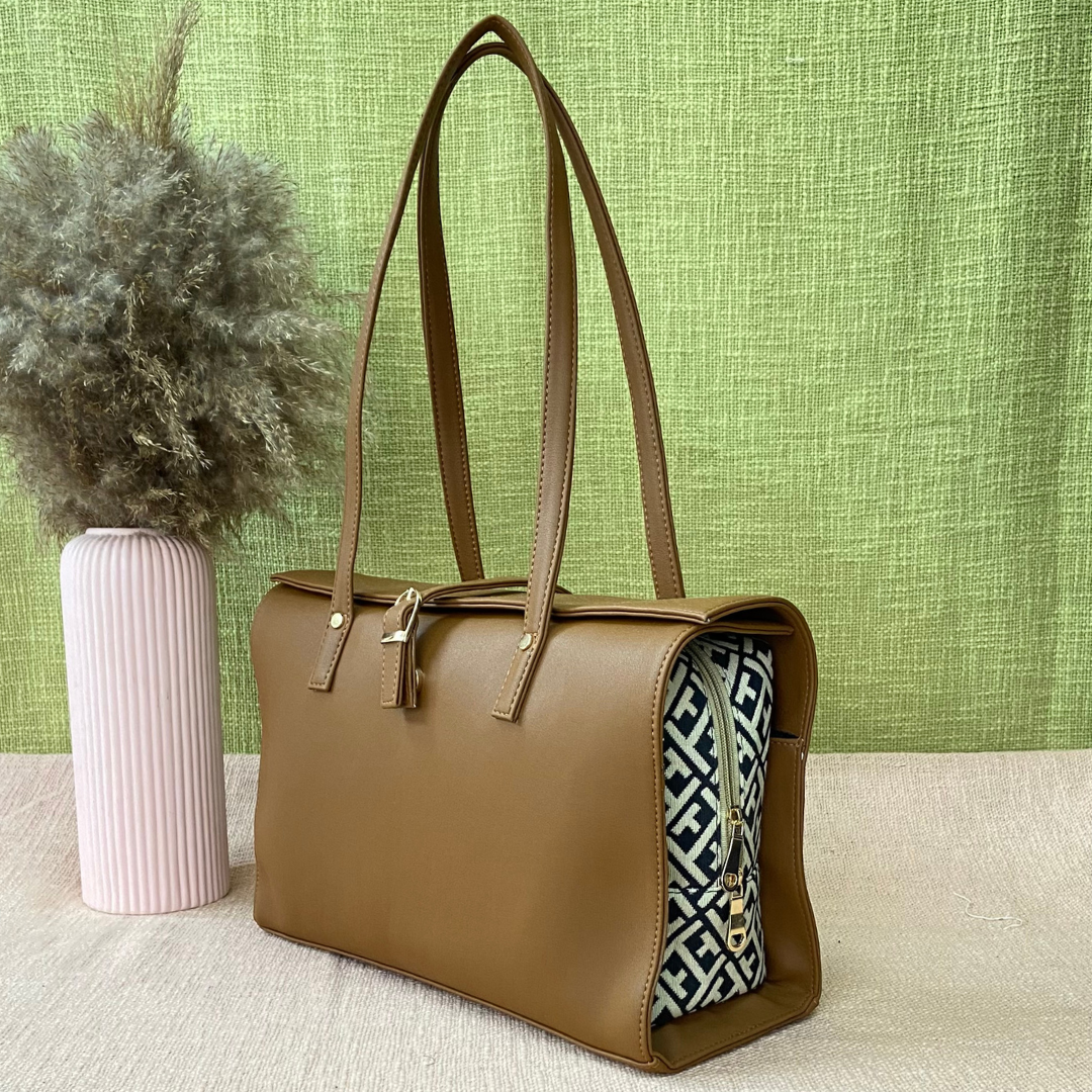 Brown with T-Shape Leera 14inch Bag + Big Wallet Combo