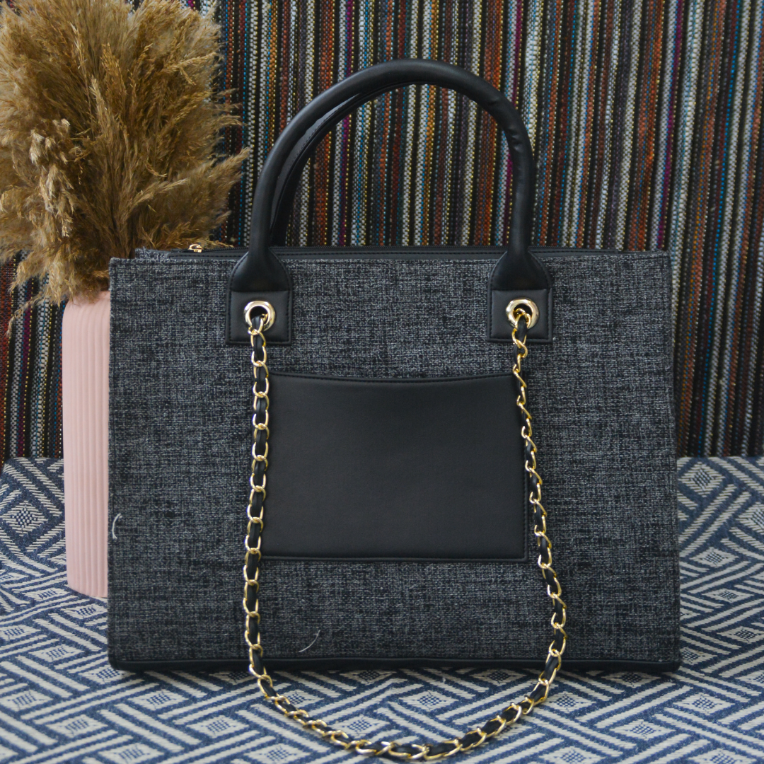 Charcoal Grey Chain Tote Handwork (2 Initials)