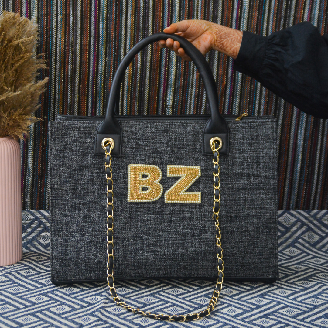 Charcoal Grey Chain Tote Handwork (2 Initials)