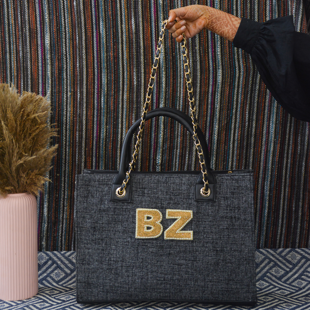 Charcoal Grey Chain Tote Handwork (2 Initials)