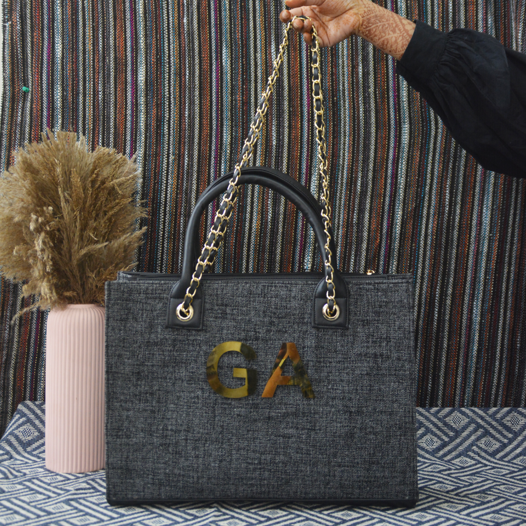 Charcoal Grey Chain Tote Metal (2 Initials)