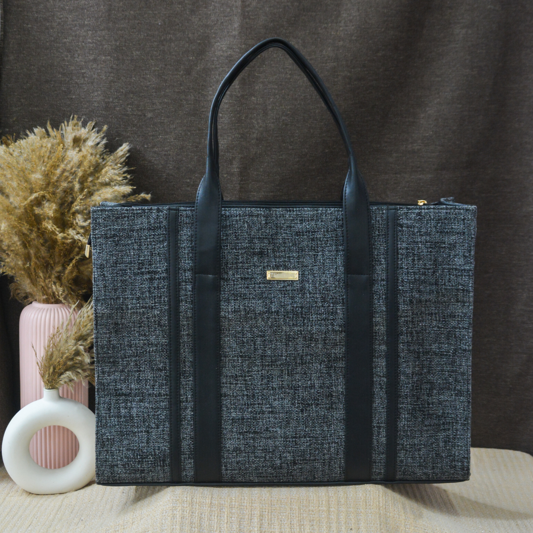 Charcoal Grey Monogram Book Tote Handwork Initials