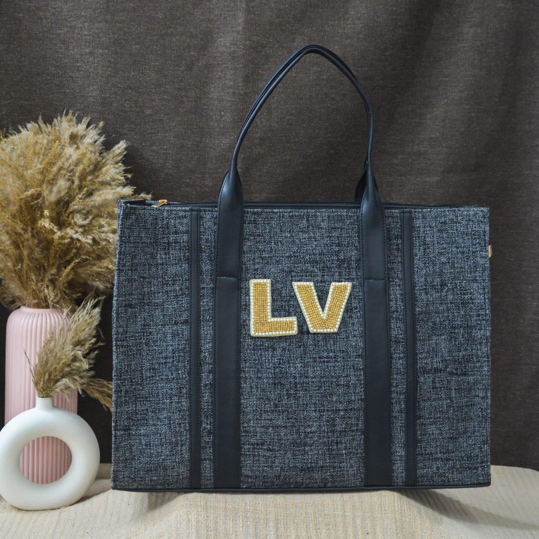 Charcoal Grey Monogram Book Tote Handwork Initials
