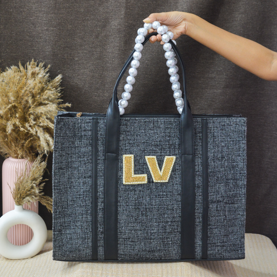 Charcoal Grey Monogram Book Tote Handwork Initials