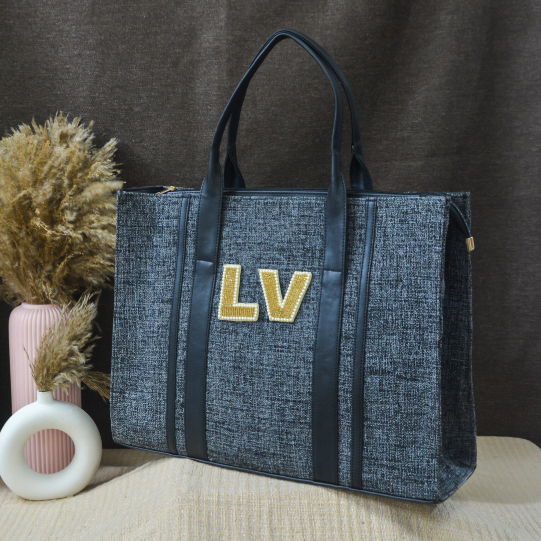 Charcoal Grey Monogram Book Tote Handwork Initials