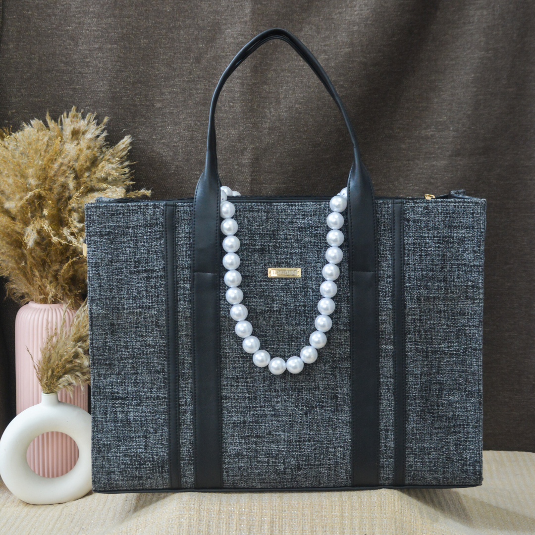 Charcoal Grey Monogram Book Tote Handwork Initials