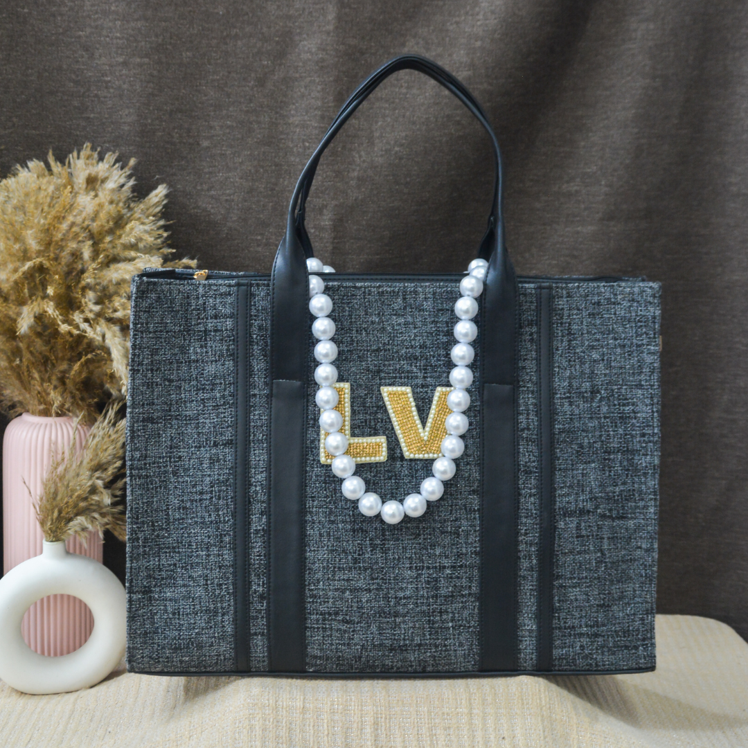 Charcoal Grey Monogram Book Tote Handwork Initials