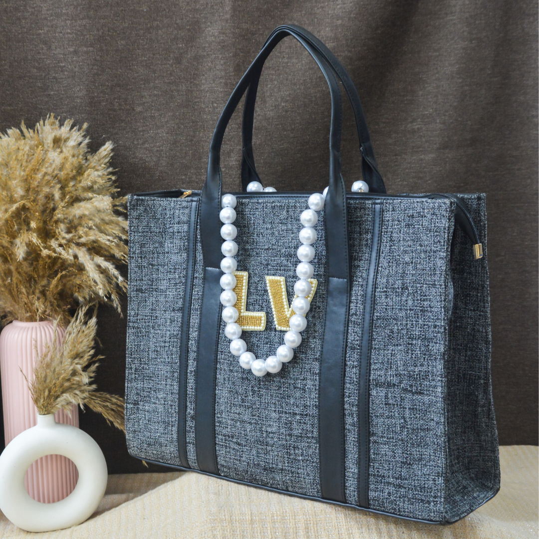 Charcoal Grey Monogram Book Tote Handwork Initials