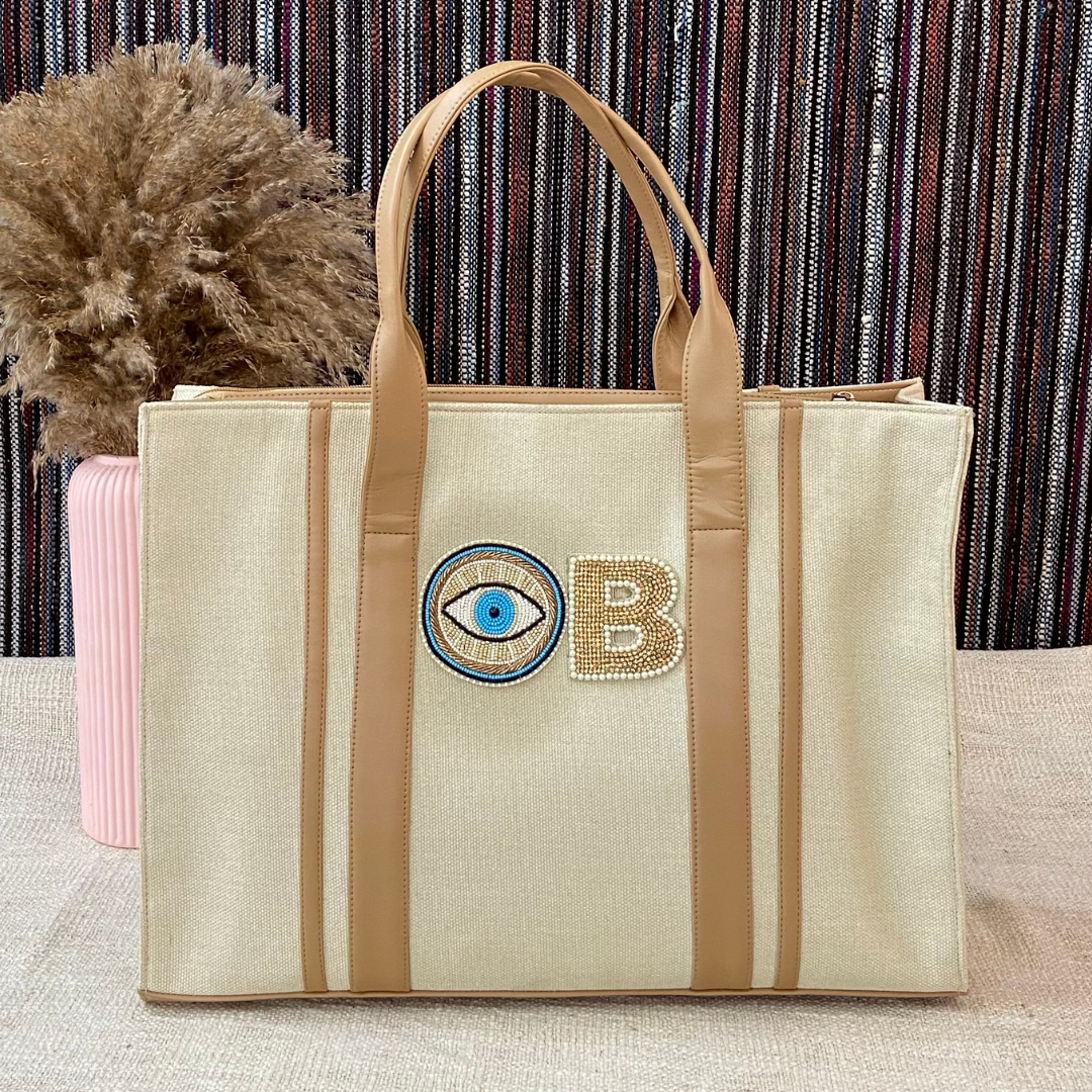 Cream Monogram Book Tote Evil Eye with Handwork Initials