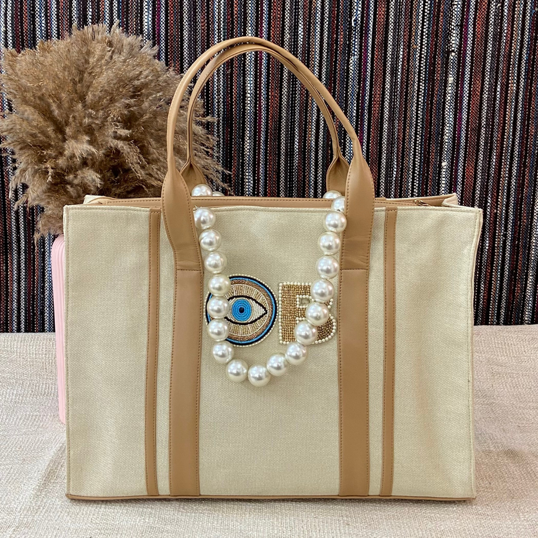 Cream Monogram Book Tote Evil Eye with Handwork Initials