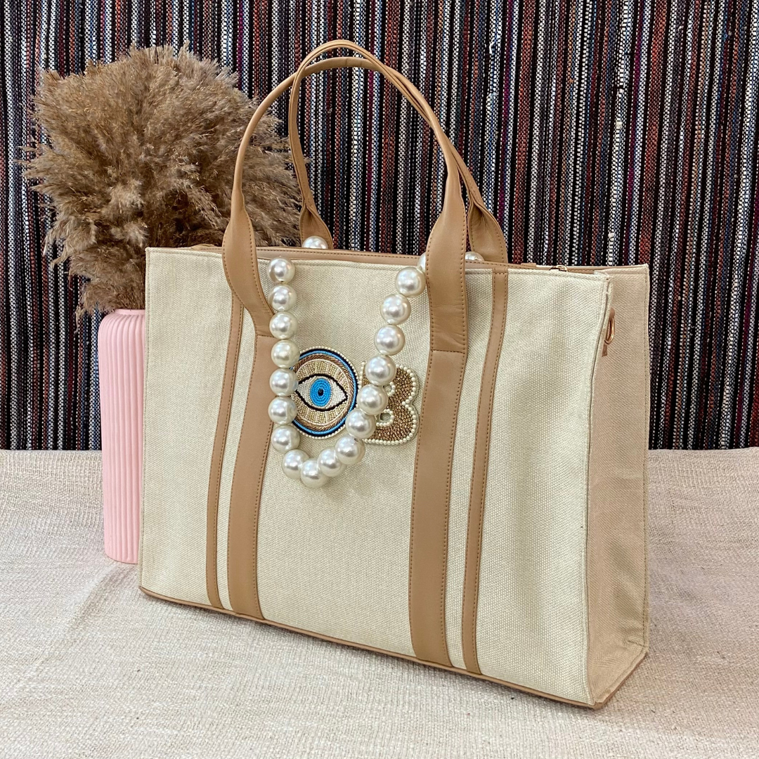 Cream Monogram Book Tote Evil Eye with Handwork Initials