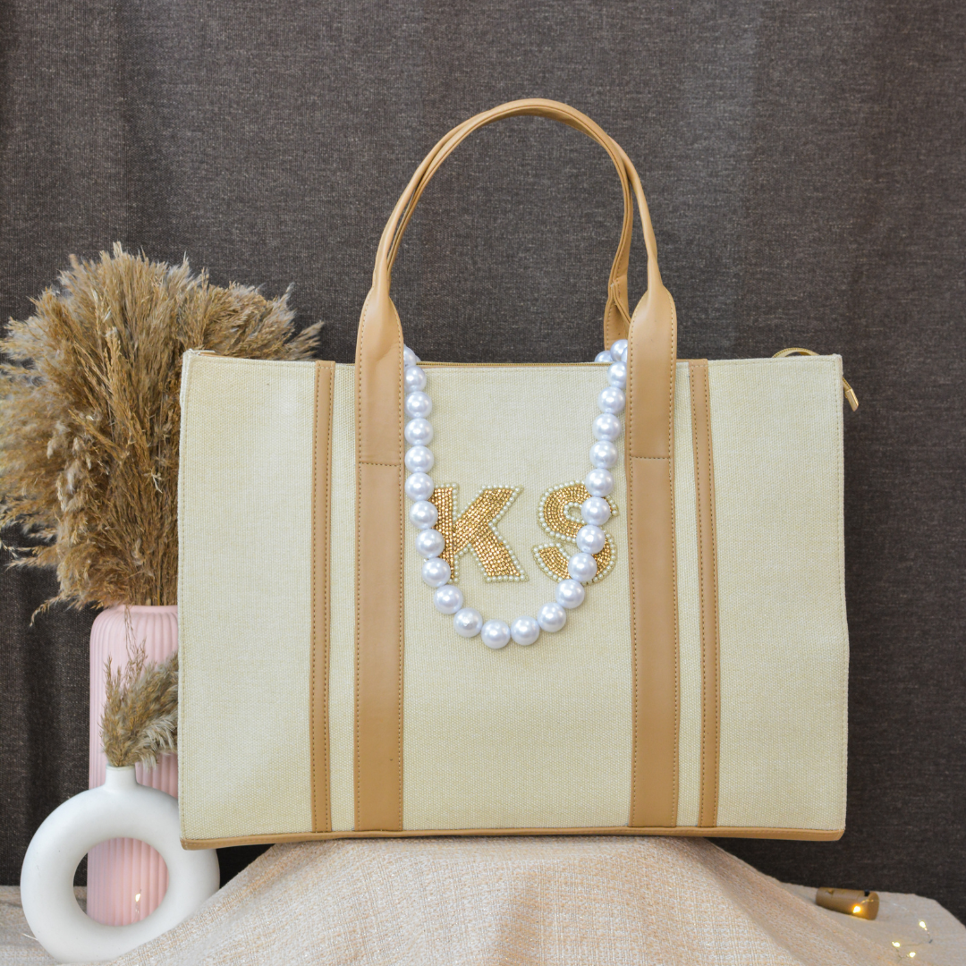 Cream Monogram book Tote Handwork initials.