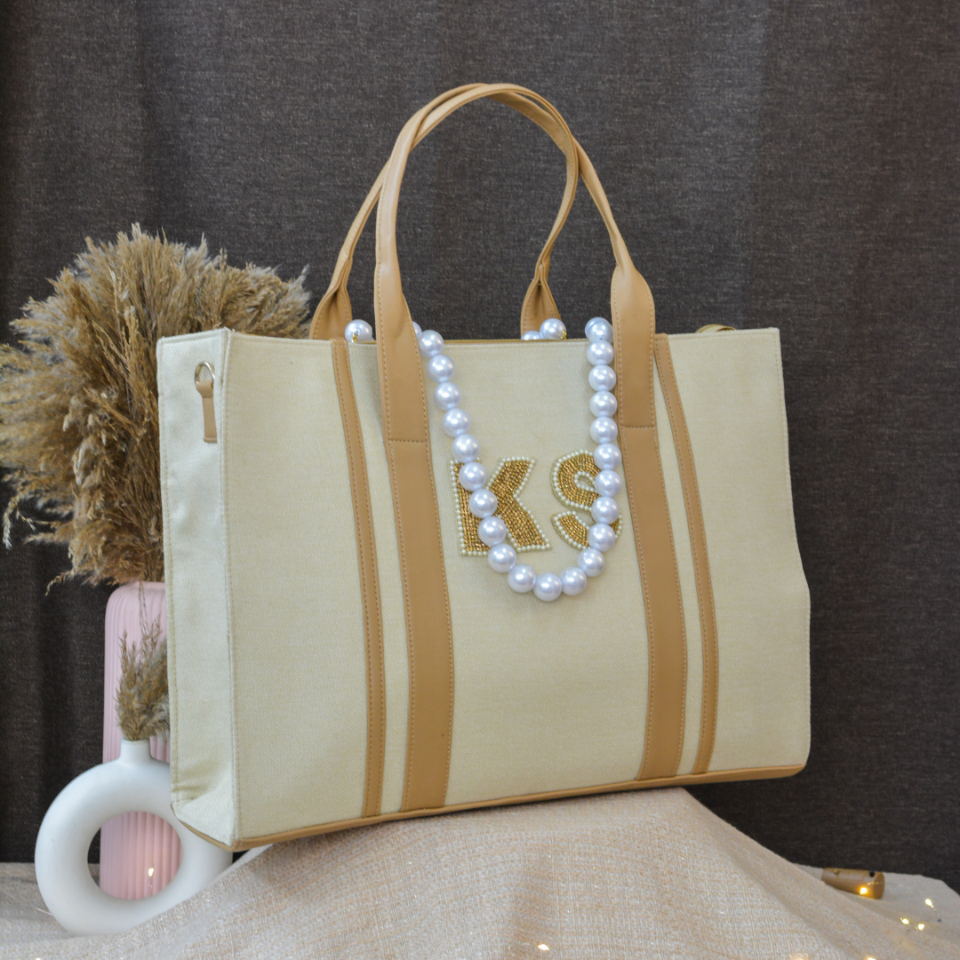 Cream Monogram book Tote Handwork initials.