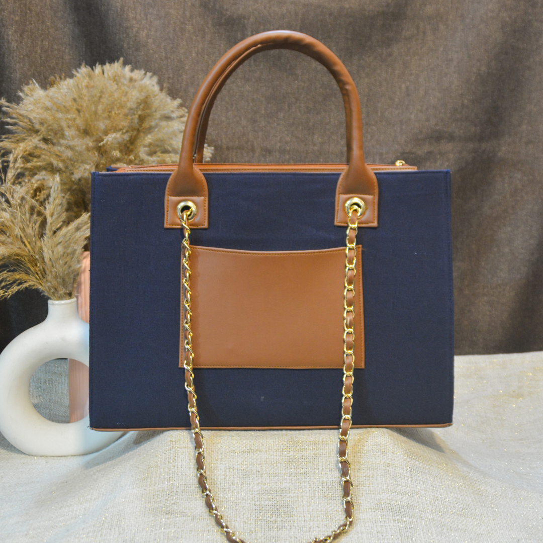 Dark Blue Canvas Chain Tote Metal (2 Initials)
