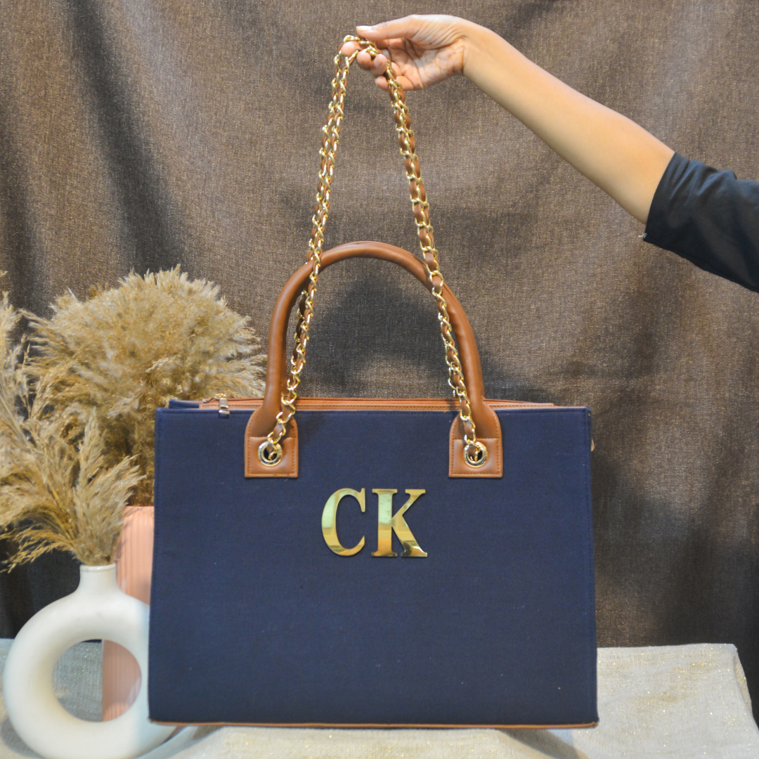 Dark Blue Canvas Chain Tote Metal (2 Initials)