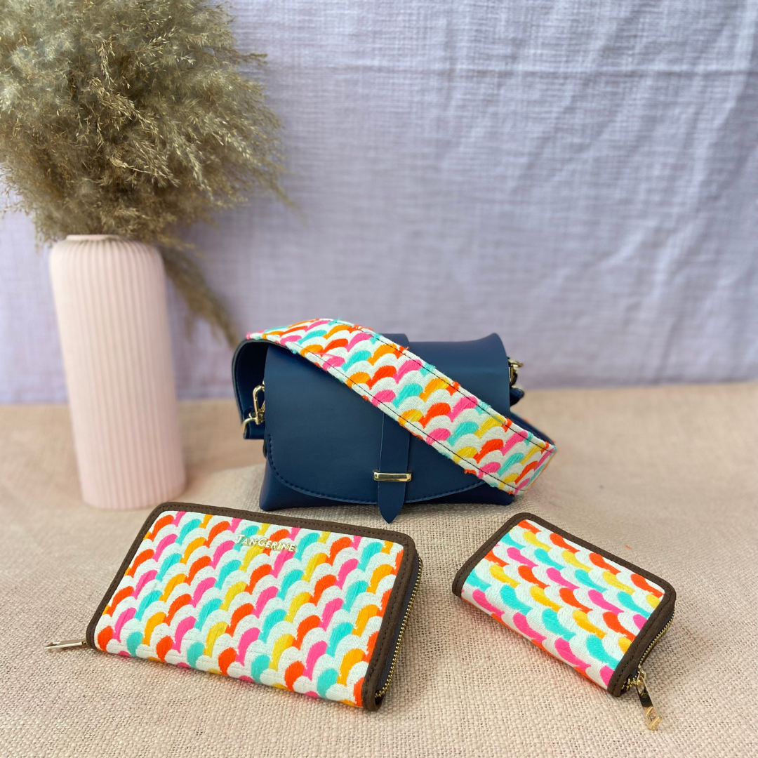 Dark Blue Eva Bag with Colorful Wave Belt + Big & Small Wallet Combo