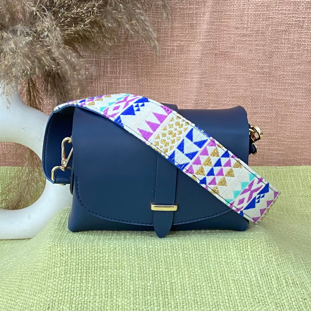 Dark Blue Eva Bag with Multi-color Triangle Belt.