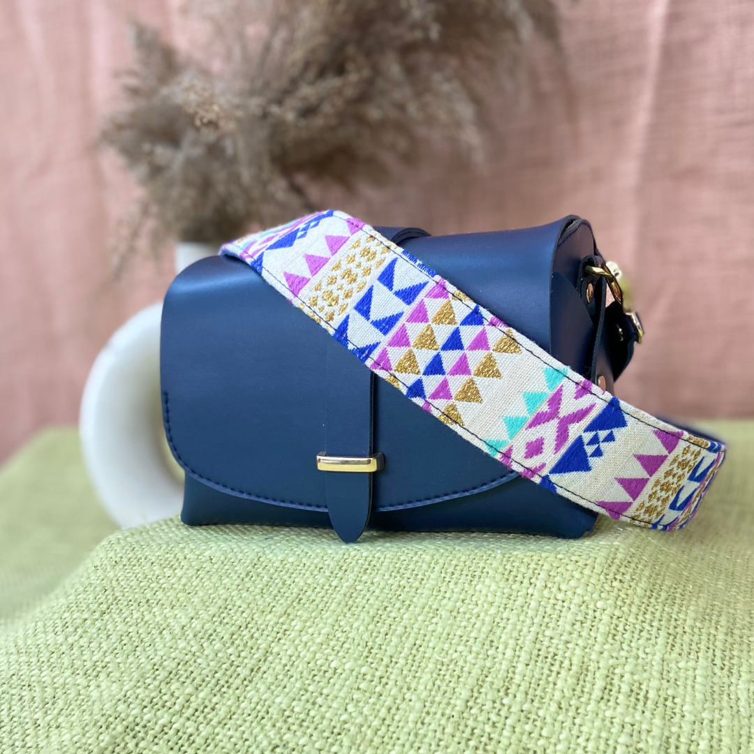 Dark Blue Eva Bag with Multi-color Triangle Belt.