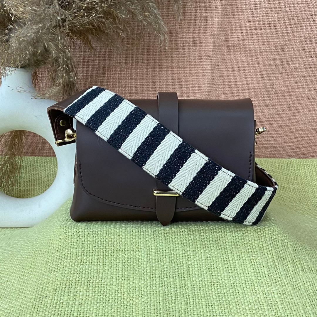Dark Brown Eva Bag with Black & White Stripes Belt.