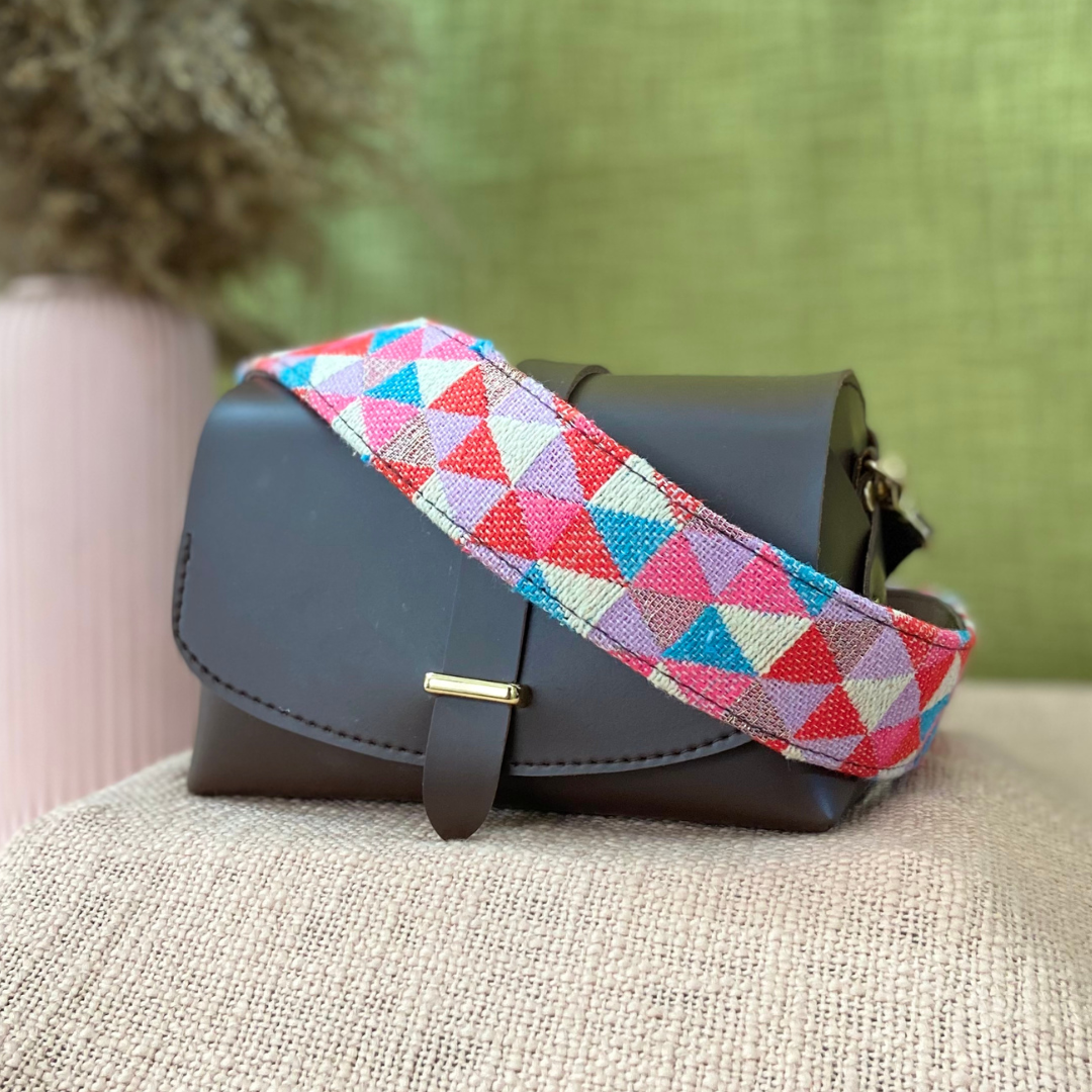 Dark Brown Eva Bag with Pink Multi-color Belt + Mini Wallet