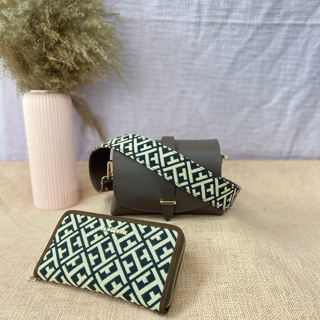 Dark Brown Eva Bag with T-Shape Design Belt + Big Wallet