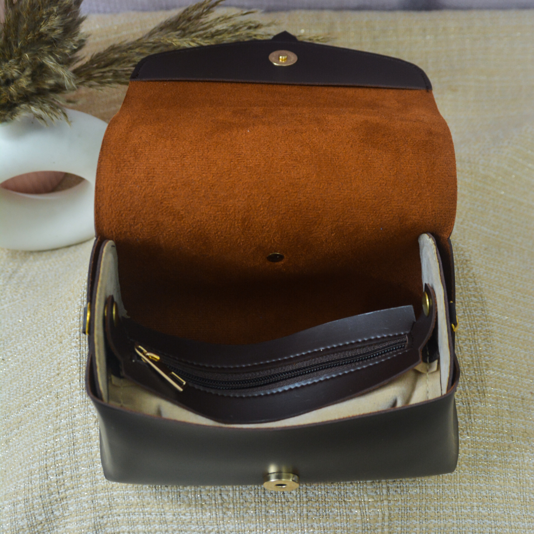 Dark Brown Eva Bag with T-Shape Design Belt + Big Wallet