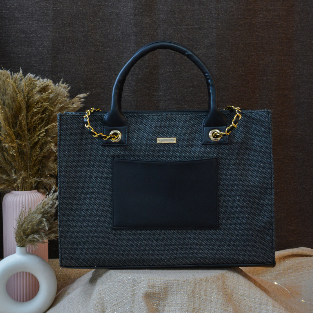 Dark Grey Chain Tote Handwork Full Name (1 Line Initials)