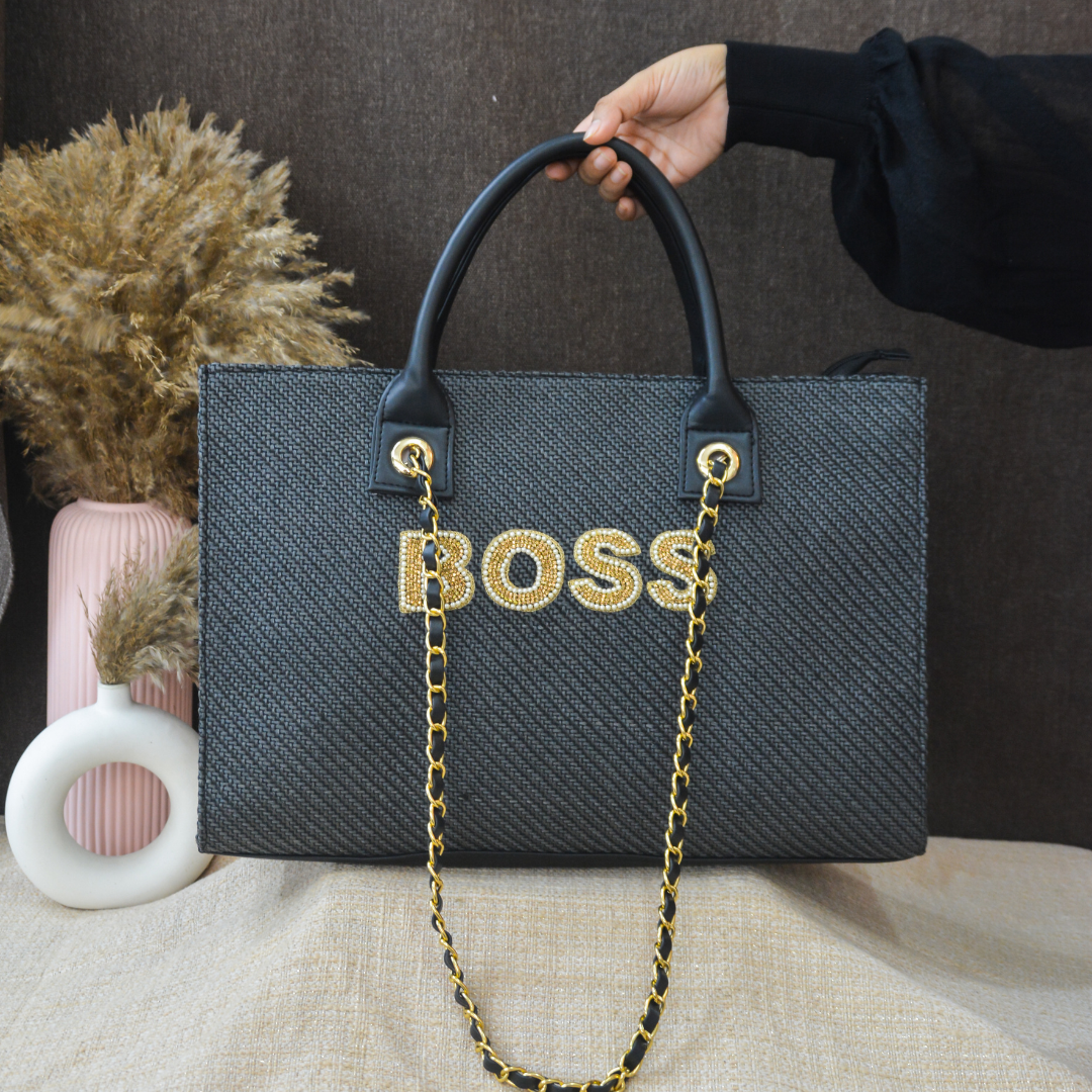 Dark Grey Chain Tote Handwork Full Name (1 Line Initials)