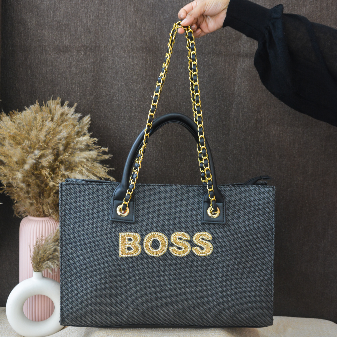 Dark Grey Chain Tote Handwork Full Name (1 Line Initials)