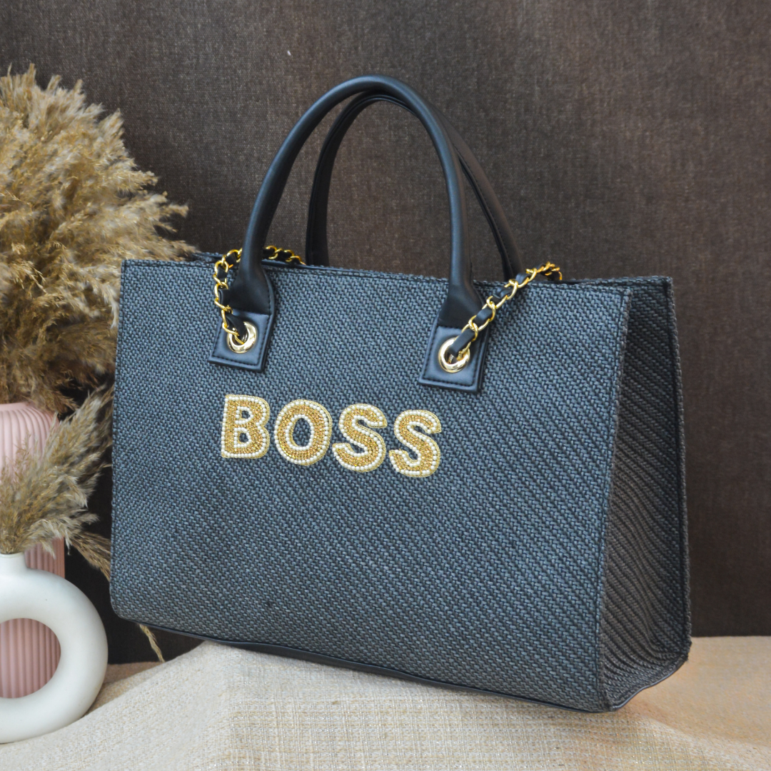 Dark Grey Chain Tote Handwork Full Name (1 Line Initials)