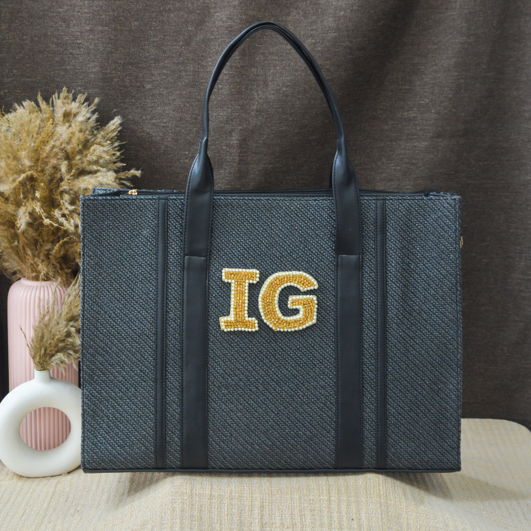 Dark Grey Monogram Book Tote Handwork Initials.