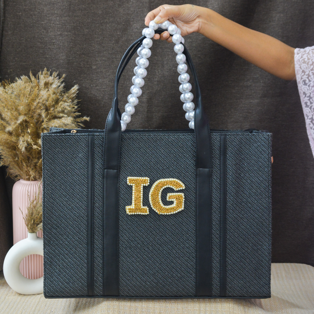 Dark Grey Monogram Book Tote Handwork Initials.