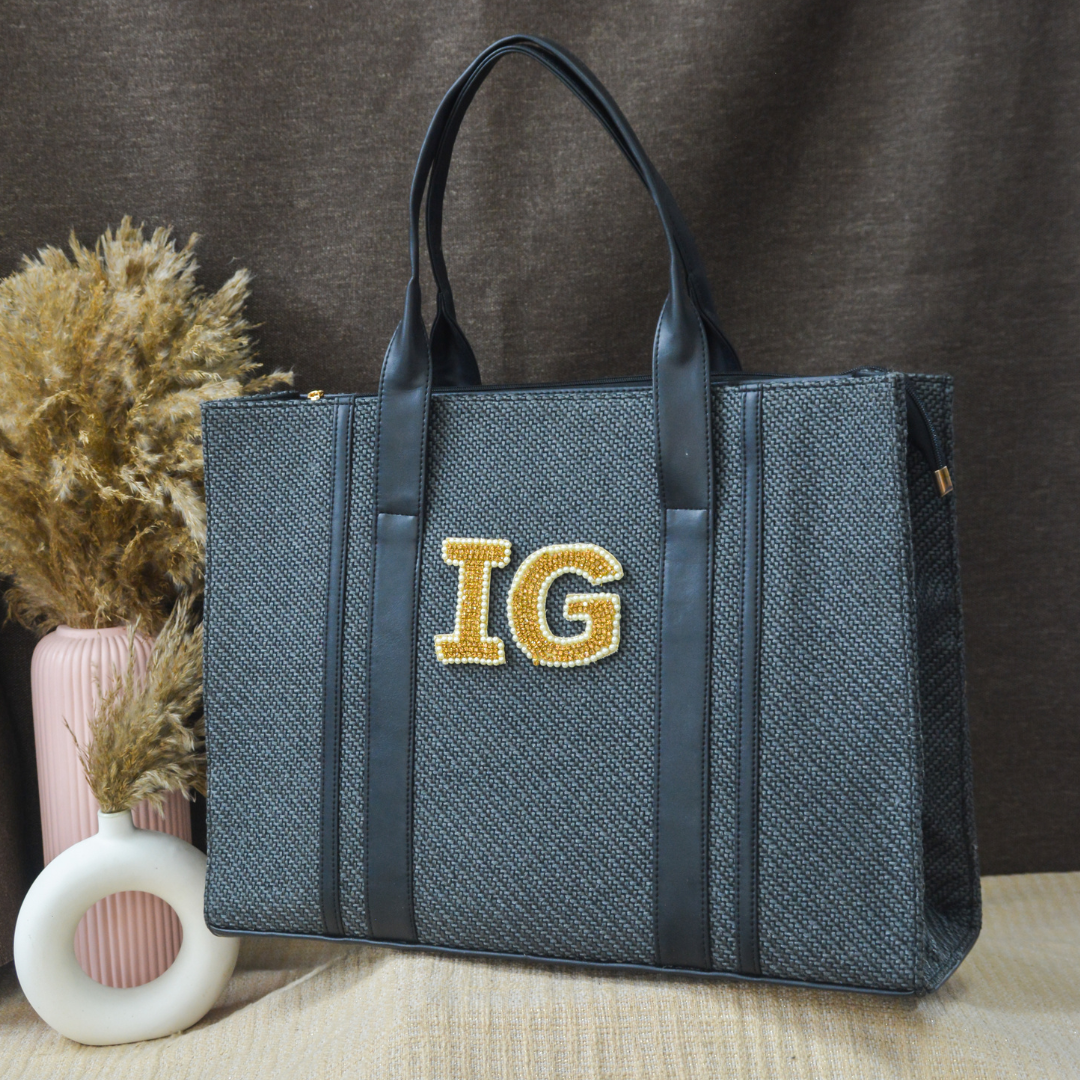 Dark Grey Monogram Book Tote Handwork Initials.