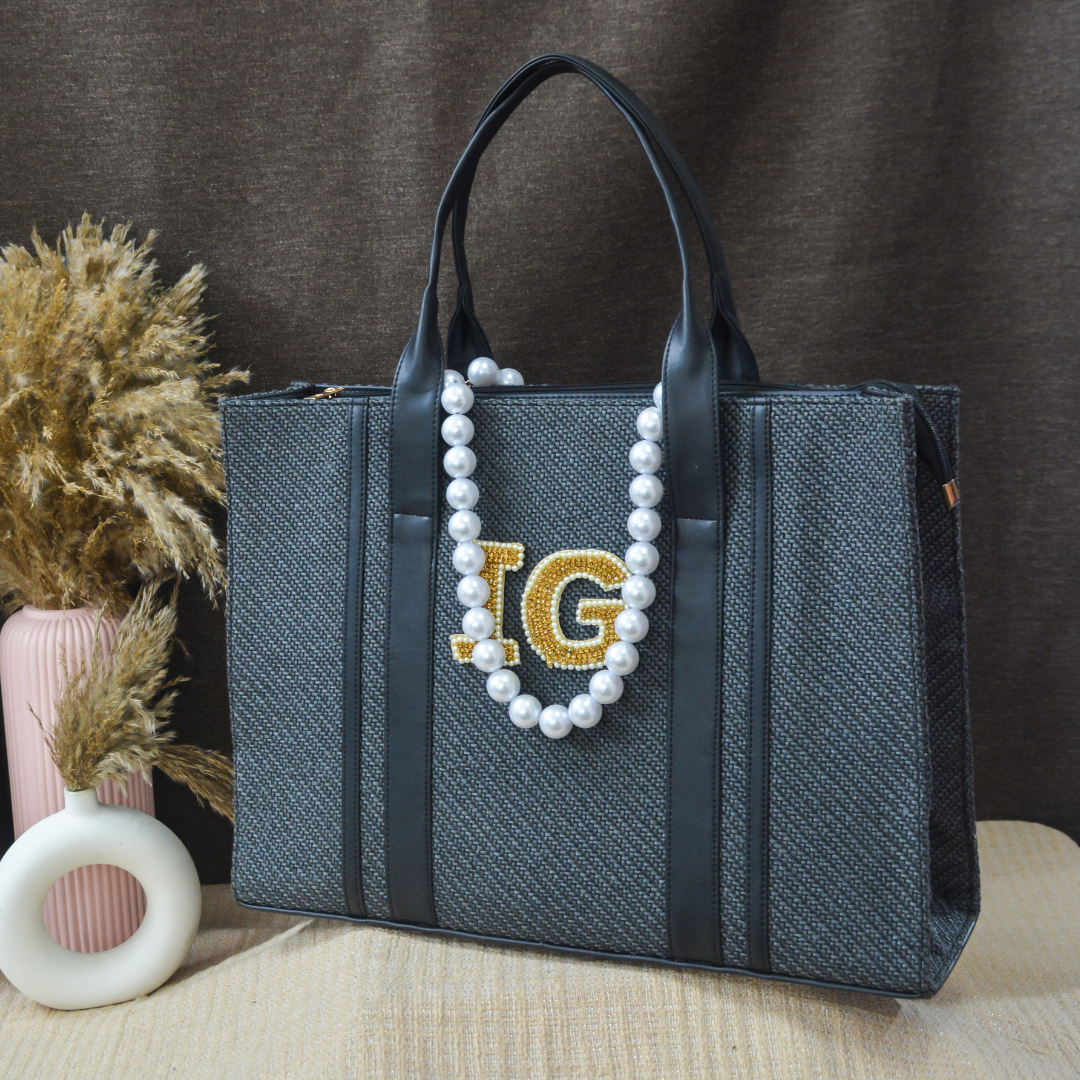 Dark Grey Monogram Book Tote Handwork Initials.