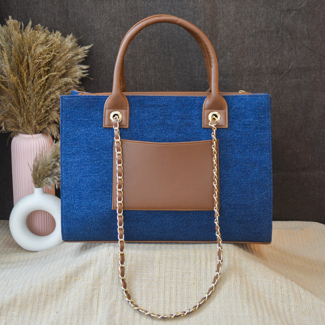 Denim Chain Tote Tri-color Handwork (2 initials)