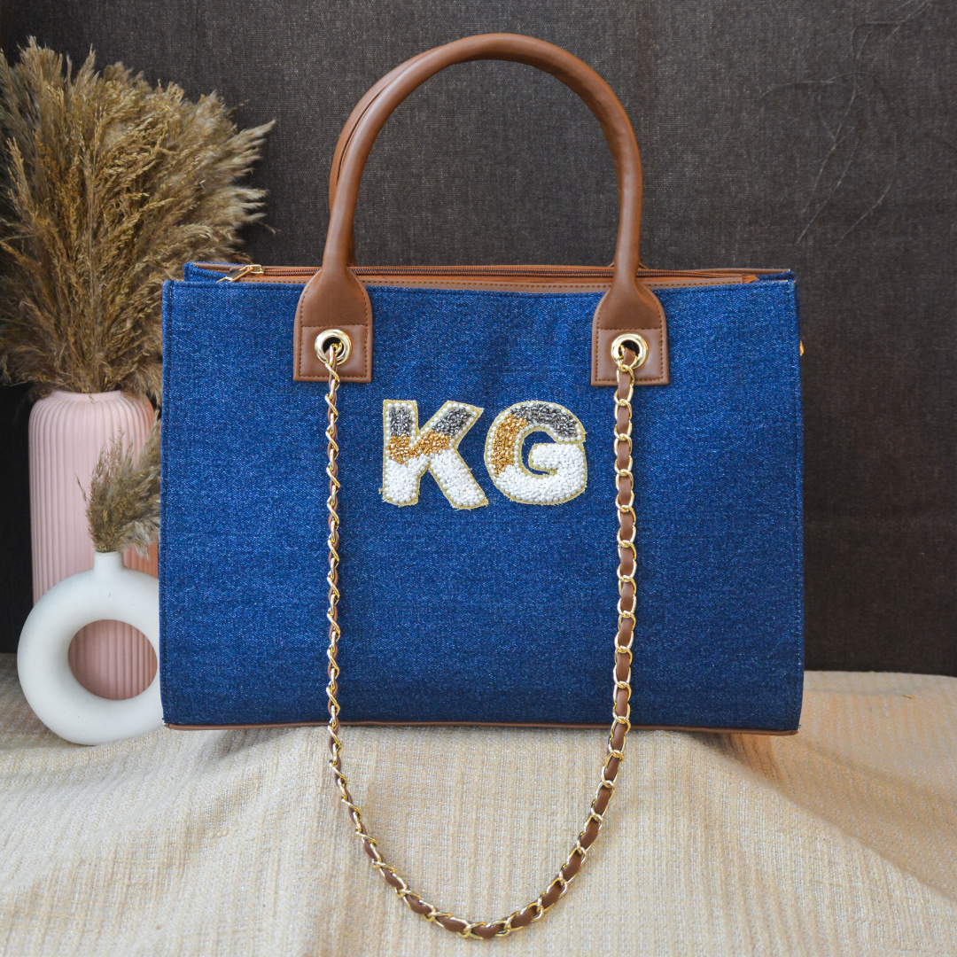 Denim Chain Tote Tri-color Handwork (2 initials)