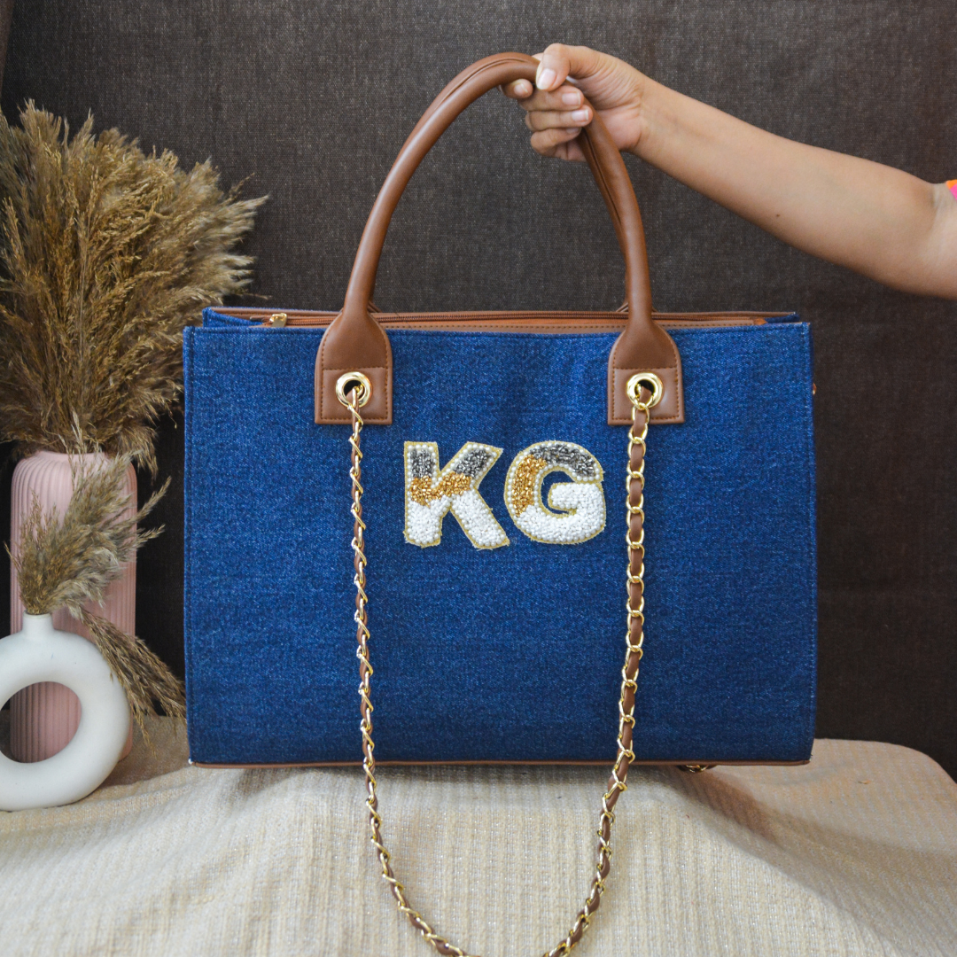 Denim Chain Tote Tri-color Handwork (2 initials)