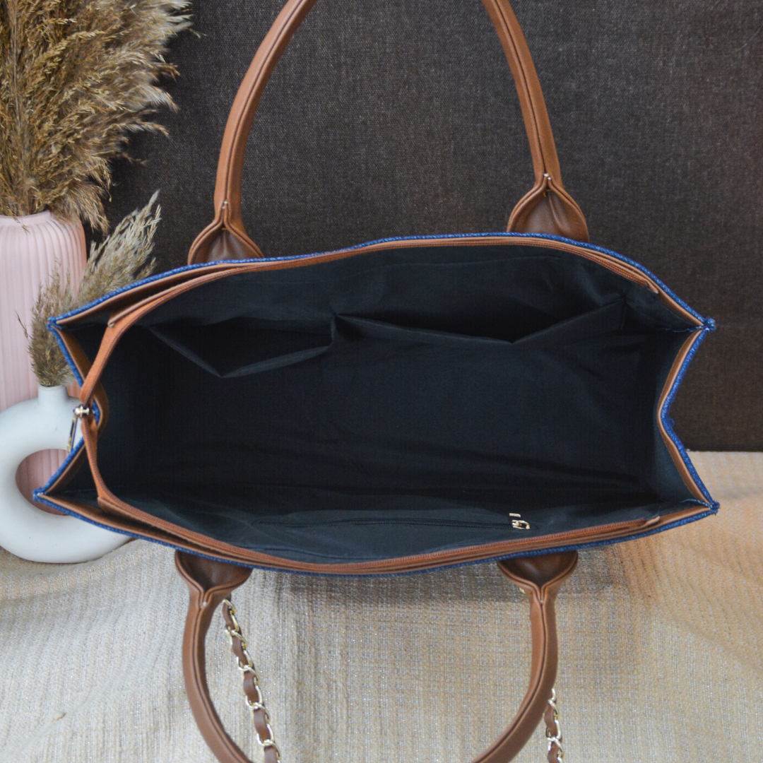 Denim Chain Tote Tri-color Handwork (2 initials)