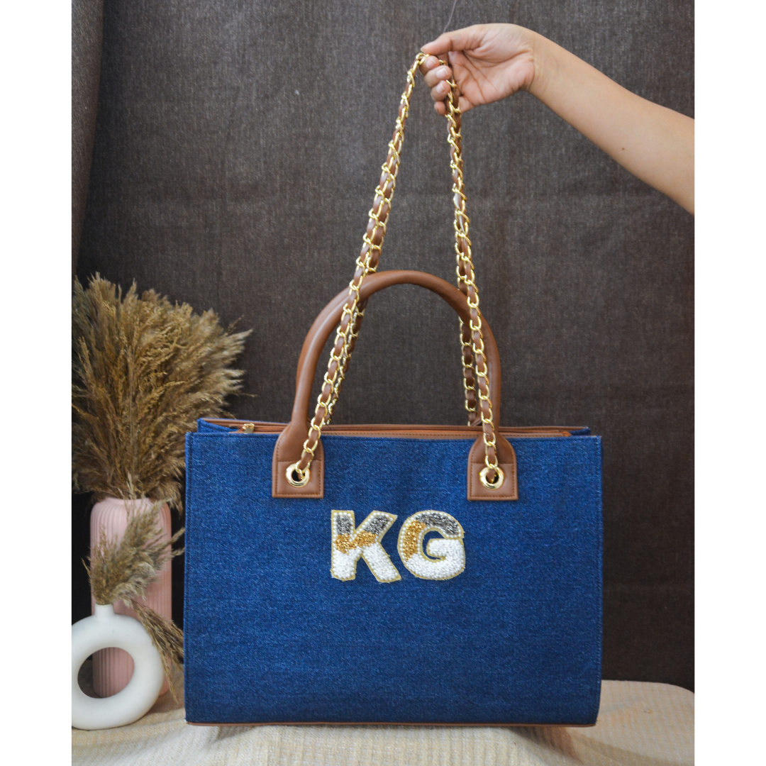Denim Chain Tote Tri-color Handwork (2 initials)