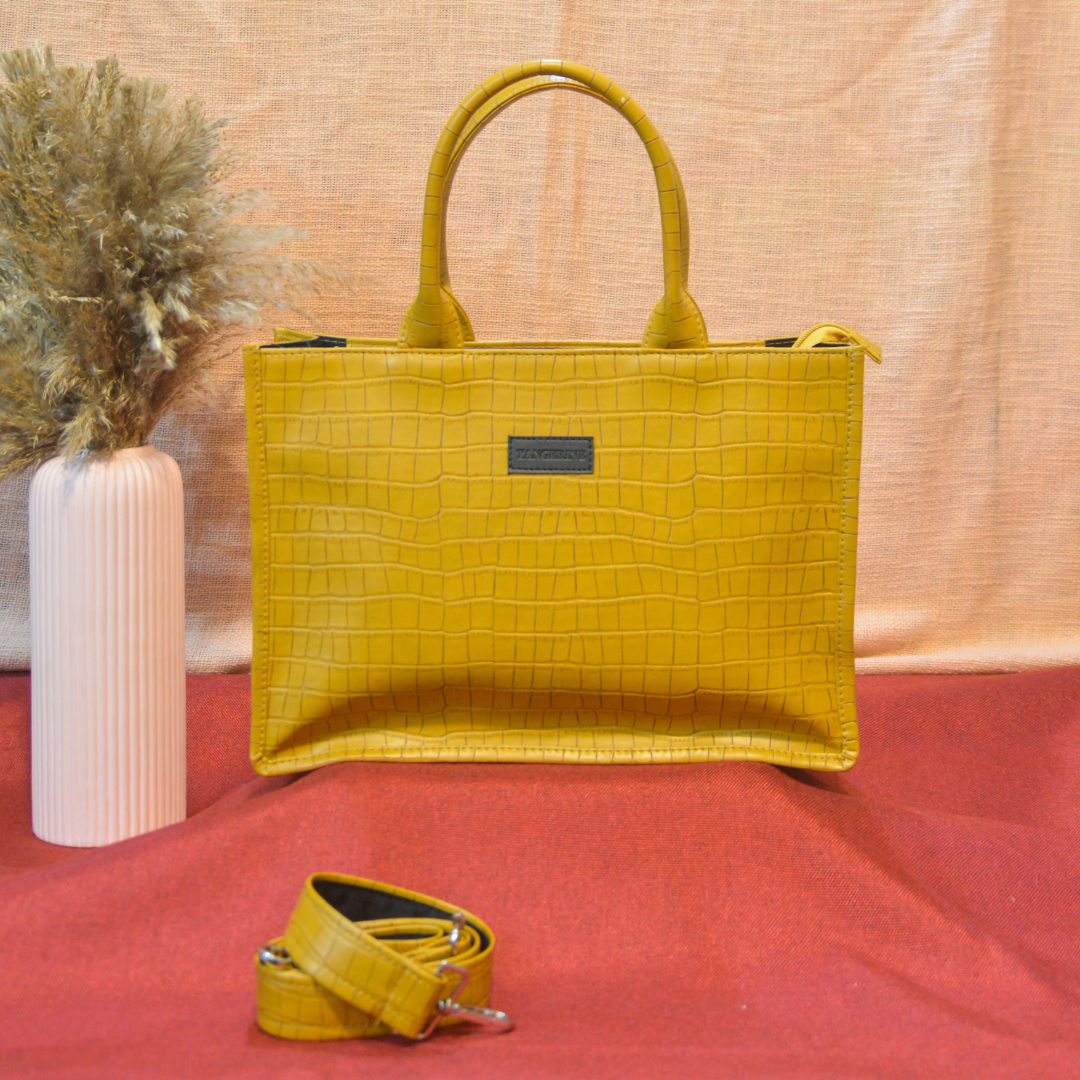 Emmy Mustard Yellow Croc Medium Size Tote Bag.