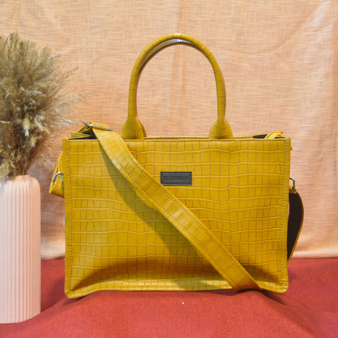 Emmy Mustard Yellow Croc Medium Size Tote Bag.