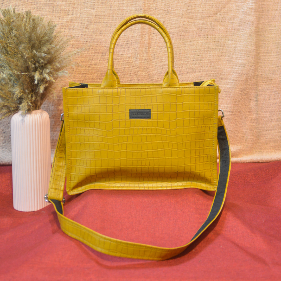 Emmy Mustard Yellow Croc Medium Size Tote Bag.