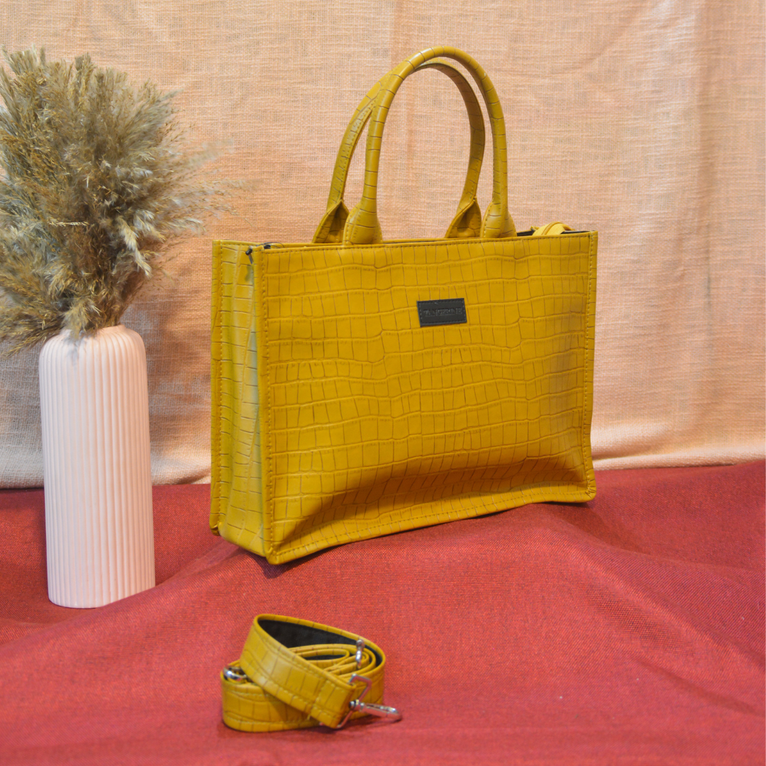 Emmy Mustard Yellow Croc Medium Size Tote Bag.