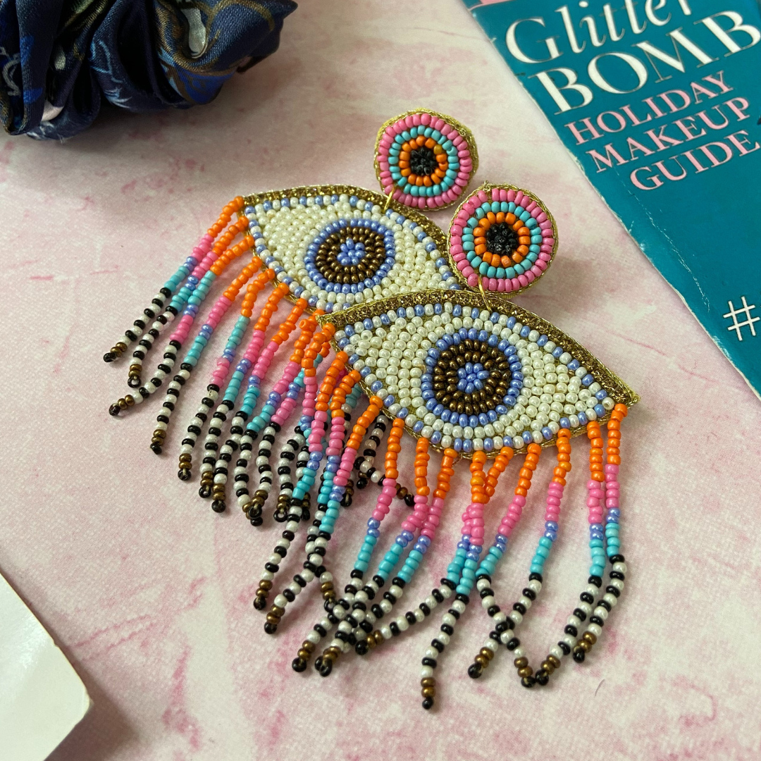 Evil Eye Blue Tassel Earrings